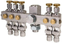 LDI Industries - 5/8-18 Outlet Thread, 1/4 Inlet Thread, Aluminum, Straight Valve, Oil Reservoir Needle Valve Manifold - 5 Outlet, 6-7/16" Wide, NPTF Inlet Thread, UNF Outlet Thread - Exact Tool & Supply
