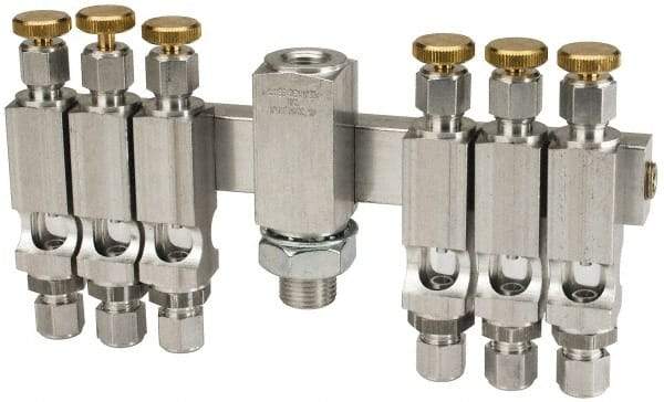 LDI Industries - 5/8-18 Outlet Thread, 1/4 Inlet Thread, Aluminum, Straight Valve, Oil Reservoir Needle Valve Manifold - 6 Outlet, 7-3/16" Wide, NPTF Inlet Thread, UNF Outlet Thread - Exact Tool & Supply