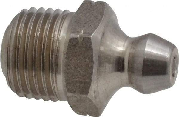 Alemite - Straight Head Angle, 1/8 PTF Nickel/Copper Standard Grease Fitting - 7/16" Hex, 3/4" Overall Height, 5/16" Shank Length - Exact Tool & Supply