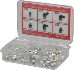 Alemite - 44 Piece, Metric, Box Grease Fitting Set - Includes Metric Thread Types, Includes M10x1: (10) Straight, M6x1: (10) Straight, (6) 45°, (6) 90°, M8x1: (6) Straight, (6) 90° - Exact Tool & Supply
