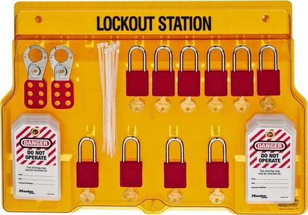 Master Lock - 14 Piece, Equipped Polycarbonate Padlock Station - 22 Inch Wide x 15-1/2 Inch High x 1-3/4 Inch Deep, Black on Yellow, Covered - Exact Tool & Supply