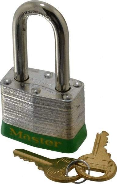Master Lock - Keyed Different Retaining Key Conductive Lockout Padlock - 1-1/2" Shackle Clearance, 9/32" Shackle Diam, 1-1/4" Body Height x 1-9/16" Body Width, Green, 4 Pins - Exact Tool & Supply