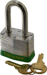 Master Lock - Keyed Different Retaining Key Conductive Lockout Padlock - 1-1/2" Shackle Clearance, 9/32" Shackle Diam, 1-1/4" Body Height x 1-9/16" Body Width, Green, 4 Pins - Exact Tool & Supply