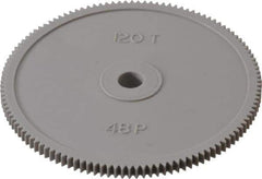 Made in USA - 48 Pitch, 2-1/2" Pitch Diam, 2.542" OD, 120 Tooth Spur Gear - 1/8" Face Width, 1/4" Bore Diam, 39/64" Hub Diam, 20° Pressure Angle, Acetal - Exact Tool & Supply