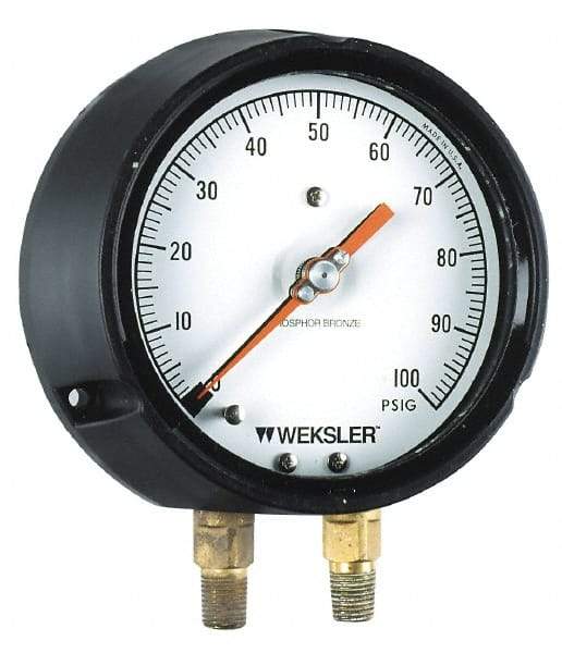 Weksler Instruments - 4-1/2" Dial, 1/4 Thread, 0-800 Scale Range, Pressure Gauge - Lower Connection, Rear Flange Connection Mount - Exact Tool & Supply