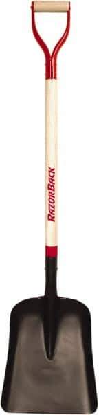Razor-Back - 14-1/2" High x 11-1/2" Wide Square Steel Scoop - 34" Long Wood D-Grip Handle, No Step - Exact Tool & Supply