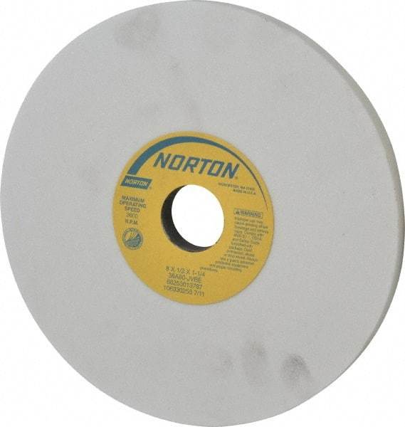 Norton - 8" Diam x 1-1/4" Hole x 1/2" Thick, J Hardness, 80 Grit Surface Grinding Wheel - Aluminum Oxide, Type 1, Medium Grade, 3,600 Max RPM, Vitrified Bond, No Recess - Exact Tool & Supply