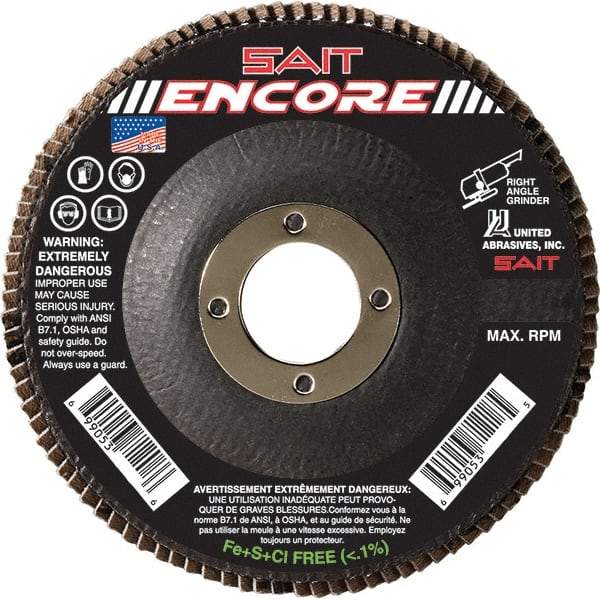 Sait - 40 Grit, 4-1/2" Disc Diam, 7/8" Center Hole, Type 27 Zirconia Alumina Flap Disc - 13,300 Max RPM, Fiberglass Backing, Arbor Attaching System, Coated - Exact Tool & Supply