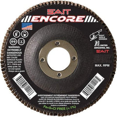 Sait - 40 Grit, 4-1/2" Disc Diam, 7/8" Center Hole, Type 27 Zirconia Alumina Flap Disc - 13,300 Max RPM, Fiberglass Backing, Arbor Attaching System, Coated - Exact Tool & Supply