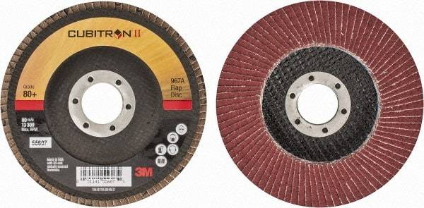 3M - 80 Grit, 4-1/2" Disc Diam, 7/8" Center Hole, Type 27 Ceramic Flap Disc - 13,300 Max RPM, Cloth Backing, Arbor Attaching System, Coated - Exact Tool & Supply