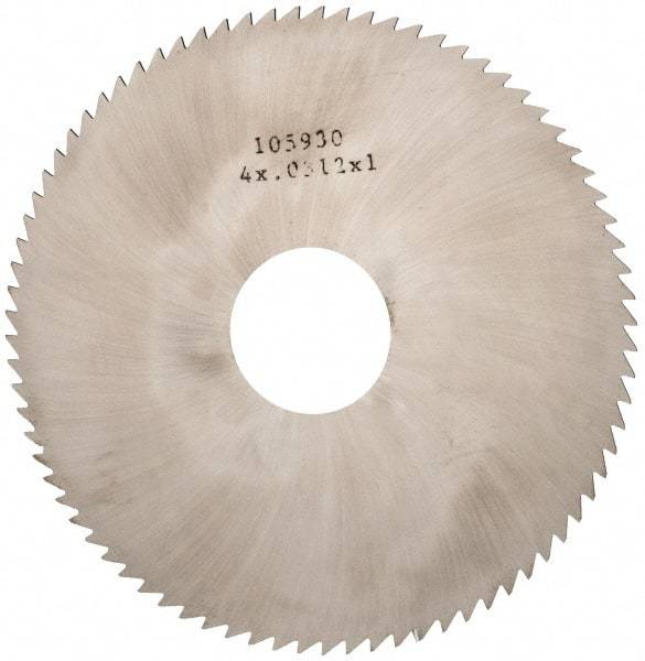 Made in USA - 4" Diam x 0.0312" Blade Thickness x 1" Arbor Hole Diam, 80 Tooth Slitting and Slotting Saw - Arbor Connection, Right Hand, Uncoated, Solid Carbide, 5° Rake, Concave Ground - Exact Tool & Supply