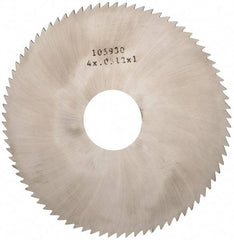 Made in USA - 4" Diam x 0.0312" Blade Thickness x 1" Arbor Hole Diam, 80 Tooth Slitting and Slotting Saw - Arbor Connection, Right Hand, Uncoated, Solid Carbide, 5° Rake, Concave Ground - Exact Tool & Supply