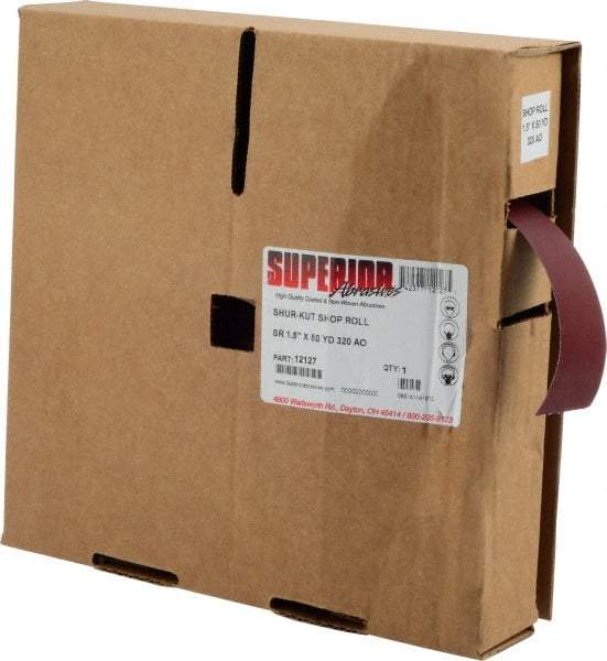 Superior Abrasives - 1-1/2" x 50 Yd 320 Grit Aluminum Oxide Cloth Roll - Extra Fine Grade, J Weighted Backing - Exact Tool & Supply