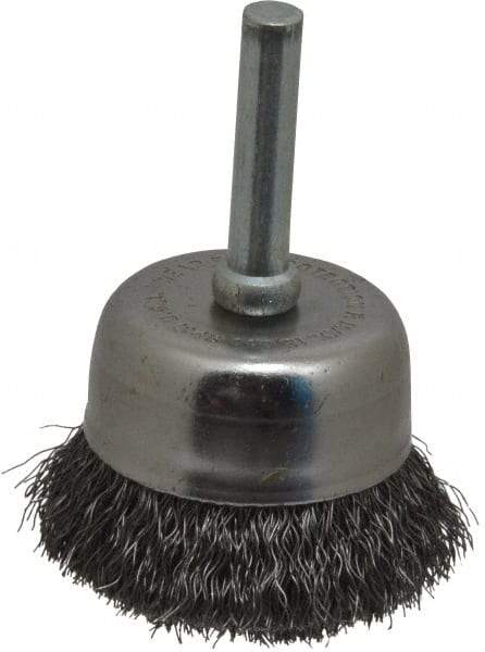 Made in USA - 1-3/4" Diam, 1/4" Shank Crimped Wire Steel Cup Brush - 0.008" Filament Diam, 3/4" Trim Length, 13,000 Max RPM - Exact Tool & Supply