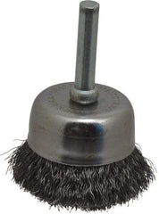 Made in USA - 1-3/4" Diam, 1/4" Shank Crimped Wire Steel Cup Brush - 0.008" Filament Diam, 3/4" Trim Length, 13,000 Max RPM - Exact Tool & Supply