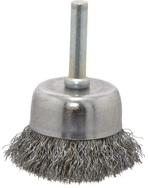 Made in USA - 1-3/4" Diam, 1/4" Shank Crimped Wire Steel Cup Brush - 0.0104" Filament Diam, 3/4" Trim Length, 13,000 Max RPM - Exact Tool & Supply