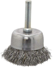 Made in USA - 1-3/4" Diam, 1/4" Shank Crimped Wire Steel Cup Brush - 0.0104" Filament Diam, 3/4" Trim Length, 13,000 Max RPM - Exact Tool & Supply