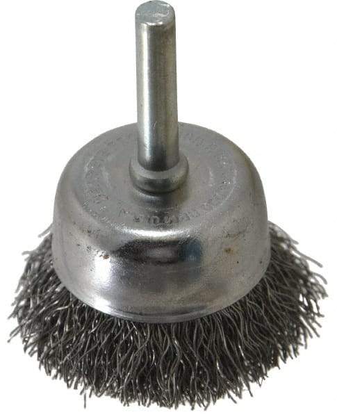 Made in USA - 1-3/4" Diam, 1/4" Shank Crimped Wire Steel Cup Brush - 0.0118" Filament Diam, 3/4" Trim Length, 13,000 Max RPM - Exact Tool & Supply
