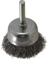 Made in USA - 1-3/4" Diam, 1/4" Shank Crimped Wire Steel Cup Brush - 0.0118" Filament Diam, 3/4" Trim Length, 13,000 Max RPM - Exact Tool & Supply