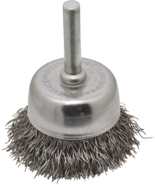 Made in USA - 1-3/4" Diam, 1/4" Shank Crimped Wire Steel Cup Brush - 0.014" Filament Diam, 3/4" Trim Length, 13,000 Max RPM - Exact Tool & Supply