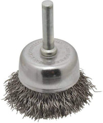 Made in USA - 1-3/4" Diam, 1/4" Shank Crimped Wire Steel Cup Brush - 0.014" Filament Diam, 3/4" Trim Length, 13,000 Max RPM - Exact Tool & Supply