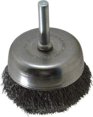 Made in USA - 2-1/4" Diam, 1/4" Shank Crimped Wire Steel Cup Brush - 0.006" Filament Diam, 5/8" Trim Length, 13,000 Max RPM - Exact Tool & Supply