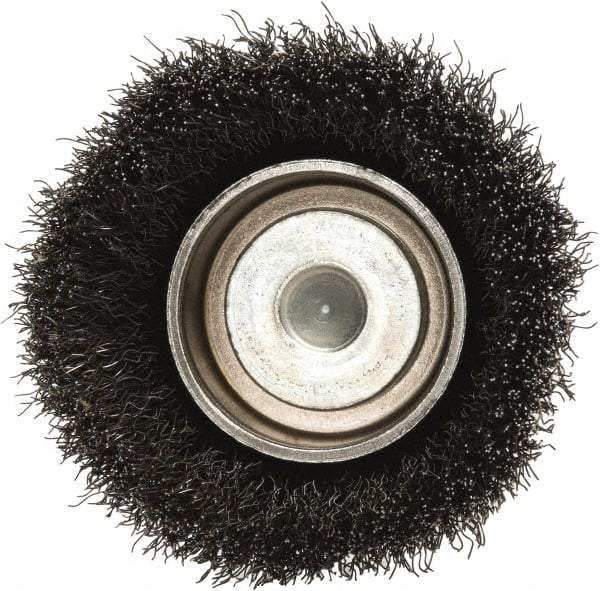 Made in USA - 2-1/4" Diam, 1/4" Shank Crimped Wire Steel Cup Brush - 0.008" Filament Diam, 5/8" Trim Length, 13,000 Max RPM - Exact Tool & Supply