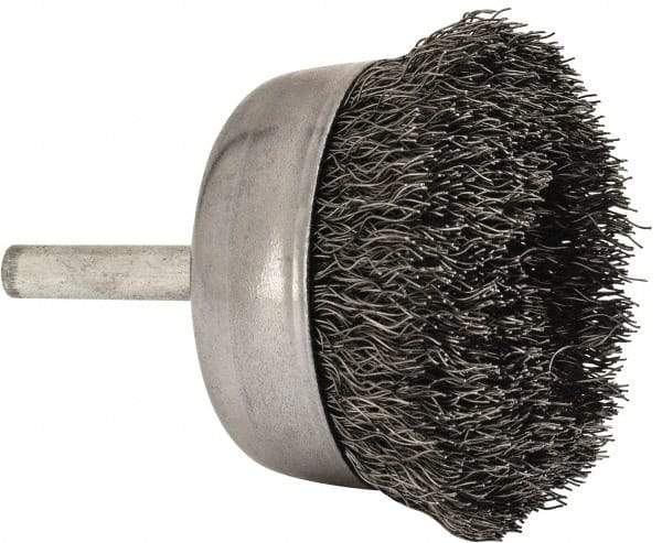 Made in USA - 2-1/4" Diam, 1/4" Shank Crimped Wire Steel Cup Brush - 0.0104" Filament Diam, 5/8" Trim Length, 13,000 Max RPM - Exact Tool & Supply