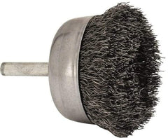 Made in USA - 2-1/4" Diam, 1/4" Shank Crimped Wire Steel Cup Brush - 0.0104" Filament Diam, 5/8" Trim Length, 13,000 Max RPM - Exact Tool & Supply
