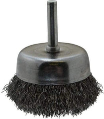 Made in USA - 2-1/4" Diam, 1/4" Shank Crimped Wire Steel Cup Brush - 0.0118" Filament Diam, 5/8" Trim Length, 13,000 Max RPM - Exact Tool & Supply