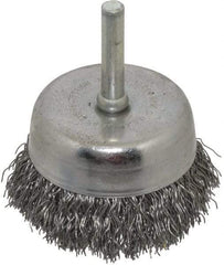 Made in USA - 2-1/4" Diam, 1/4" Shank Crimped Wire Steel Cup Brush - 0.014" Filament Diam, 5/8" Trim Length, 13,000 Max RPM - Exact Tool & Supply
