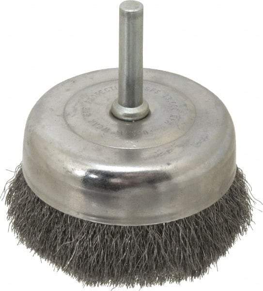 Made in USA - 2-3/4" Diam, 1/4" Shank Crimped Wire Steel Cup Brush - 0.006" Filament Diam, 7/8" Trim Length, 13,000 Max RPM - Exact Tool & Supply