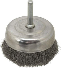 Made in USA - 2-3/4" Diam, 1/4" Shank Crimped Wire Steel Cup Brush - 0.006" Filament Diam, 7/8" Trim Length, 13,000 Max RPM - Exact Tool & Supply