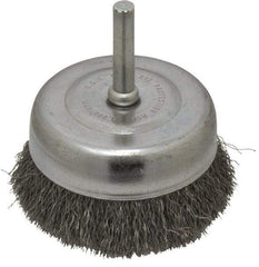 Made in USA - 2-3/4" Diam, 1/4" Shank Crimped Wire Steel Cup Brush - 0.008" Filament Diam, 7/8" Trim Length, 13,000 Max RPM - Exact Tool & Supply