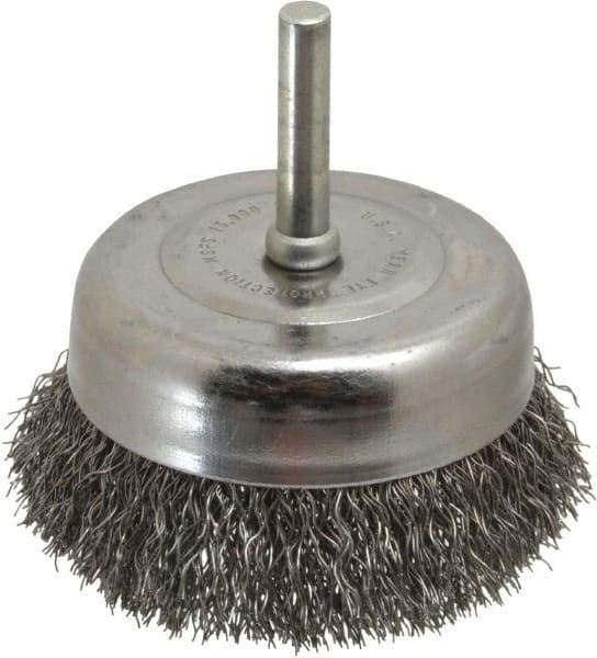 Made in USA - 2-3/4" Diam, 1/4" Shank Crimped Wire Steel Cup Brush - 0.0118" Filament Diam, 7/8" Trim Length, 13,000 Max RPM - Exact Tool & Supply