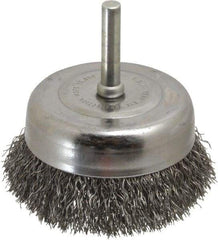 Made in USA - 2-3/4" Diam, 1/4" Shank Crimped Wire Steel Cup Brush - 0.0118" Filament Diam, 7/8" Trim Length, 13,000 Max RPM - Exact Tool & Supply