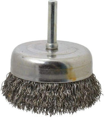 Made in USA - 2-3/4" Diam, 1/4" Shank Crimped Wire Steel Cup Brush - 0.014" Filament Diam, 7/8" Trim Length, 13,000 Max RPM - Exact Tool & Supply