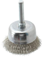 Made in USA - 1-3/4" Diam, 1/4" Shank Crimped Wire Stainless Steel Cup Brush - 0.006" Filament Diam, 3/4" Trim Length, 13,000 Max RPM - Exact Tool & Supply