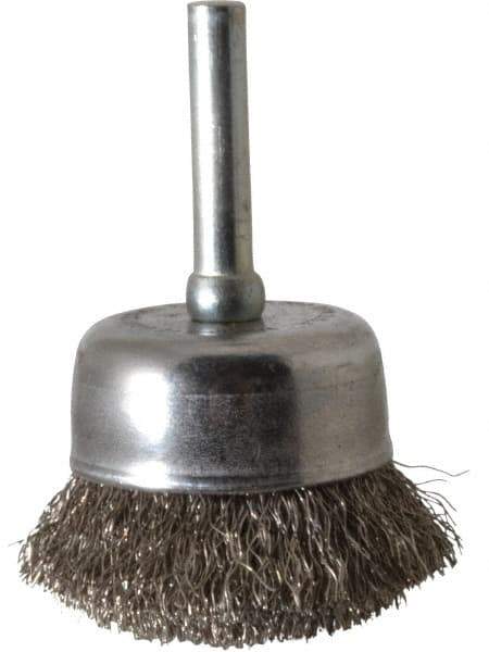 Made in USA - 1-3/4" Diam, 1/4" Shank Crimped Wire Stainless Steel Cup Brush - 0.008" Filament Diam, 3/4" Trim Length, 13,000 Max RPM - Exact Tool & Supply