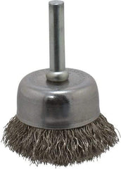 Made in USA - 1-3/4" Diam, 1/4" Shank Crimped Wire Stainless Steel Cup Brush - 0.0104" Filament Diam, 3/4" Trim Length, 13,000 Max RPM - Exact Tool & Supply