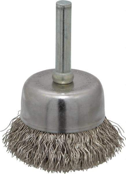 Made in USA - 1-3/4" Diam, 1/4" Shank Crimped Wire Stainless Steel Cup Brush - 0.0118" Filament Diam, 3/4" Trim Length, 13,000 Max RPM - Exact Tool & Supply