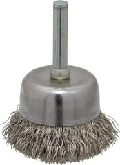 Made in USA - 1-3/4" Diam, 1/4" Shank Crimped Wire Stainless Steel Cup Brush - 0.0118" Filament Diam, 3/4" Trim Length, 13,000 Max RPM - Exact Tool & Supply