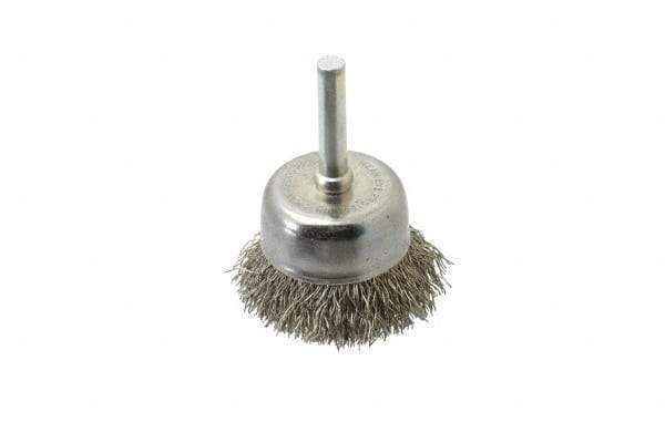 Made in USA - 1-3/4" Diam, 1/4" Shank Crimped Wire Stainless Steel Cup Brush - 0.014" Filament Diam, 3/4" Trim Length, 13,000 Max RPM - Exact Tool & Supply