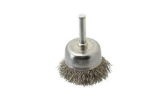 Made in USA - 1-3/4" Diam, 1/4" Shank Crimped Wire Stainless Steel Cup Brush - 0.014" Filament Diam, 3/4" Trim Length, 13,000 Max RPM - Exact Tool & Supply
