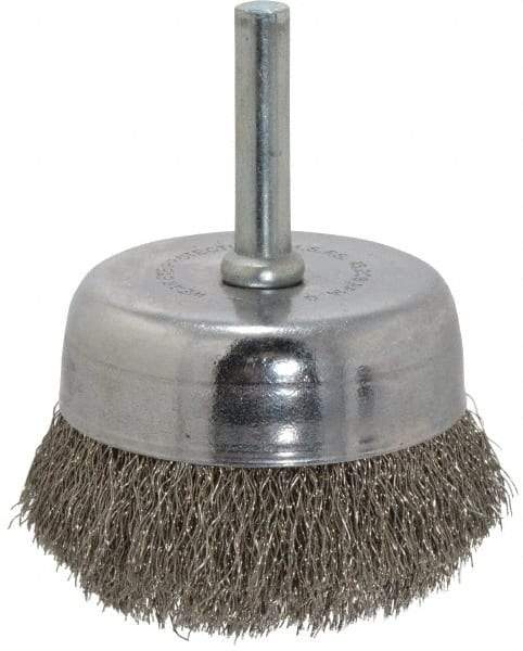 Made in USA - 2-1/4" Diam, 1/4" Shank Crimped Wire Stainless Steel Cup Brush - 0.008" Filament Diam, 5/8" Trim Length, 13,000 Max RPM - Exact Tool & Supply