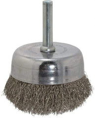 Made in USA - 2-1/4" Diam, 1/4" Shank Crimped Wire Stainless Steel Cup Brush - 0.008" Filament Diam, 5/8" Trim Length, 13,000 Max RPM - Exact Tool & Supply