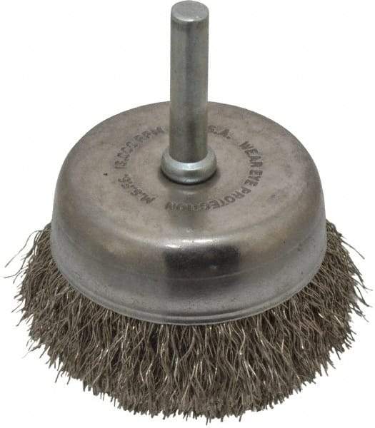 Made in USA - 2-1/4" Diam, 1/4" Shank Crimped Wire Stainless Steel Cup Brush - 0.0104" Filament Diam, 5/8" Trim Length, 13,000 Max RPM - Exact Tool & Supply