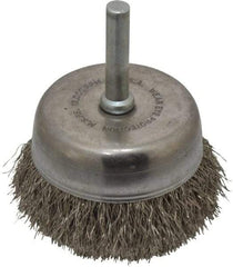 Made in USA - 2-1/4" Diam, 1/4" Shank Crimped Wire Stainless Steel Cup Brush - 0.0104" Filament Diam, 5/8" Trim Length, 13,000 Max RPM - Exact Tool & Supply