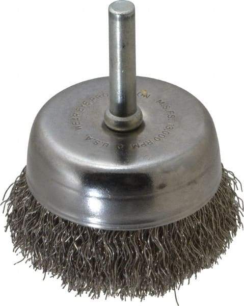 Made in USA - 2-1/4" Diam, 1/4" Shank Crimped Wire Stainless Steel Cup Brush - 0.0118" Filament Diam, 5/8" Trim Length, 13,000 Max RPM - Exact Tool & Supply