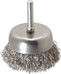 Made in USA - 2-1/4" Diam, 1/4" Shank Crimped Wire Stainless Steel Cup Brush - 0.014" Filament Diam, 5/8" Trim Length, 13,000 Max RPM - Exact Tool & Supply